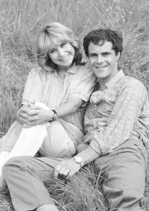 Felicity Kendal from the TV programme Solo July 1982 sitting in grass with screen Felicity Kendal from the TV programme Solo July 1982 sitting in grass with screen