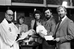 The filming of a christening scene for Brookside, March 1985 The filming of a christening scene for Brookside, March 1985