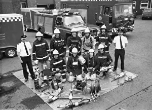 Firefighters from Tyne Wear Fire Brigade with the many different pieces of life-saving Firefighters from Tyne Wear Fire Brigade with the many different pieces of life-saving