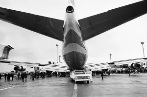 The first Boeing 747 Jumbo Jet seen here on the apron following its arrival The first Boeing 747 Jumbo Jet seen here on the apron following its arrival
