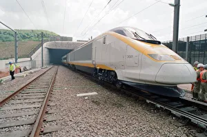 The first Eurostar test train hauled through the Channel Tunnel from France to Britain The first Eurostar test train hauled through the Channel Tunnel from France to Britain