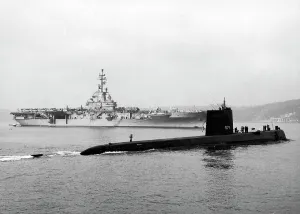 The first nuclear powered submarine the USS Nautilus seen here in Plymouth Sound with The first nuclear powered submarine the USS Nautilus seen here in Plymouth Sound with
