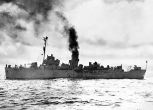 The Flower class corvette HMS Camellia (K31) getting up steam before escorting a convoy The Flower class corvette HMS Camellia (K31) getting up steam before escorting a convoy