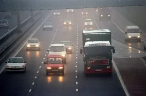 Fog weather M8 motorway 13th December 1999 foggy weather trucvks cars lorries Fog weather M8 motorway 13th December 1999 foggy weather trucvks cars lorries