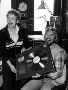 Folk singer Fred Wedlock with DJ Noel Edmonds. With gold record. Circa 1981 Folk singer Fred Wedlock with DJ Noel Edmonds. With gold record. Circa 1981