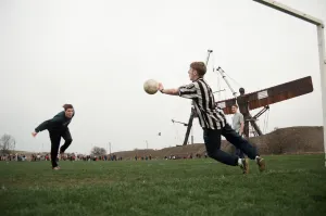 A football game takes place in front of the Angel of the North, Gateshead A football game takes place in front of the Angel of the North, Gateshead
