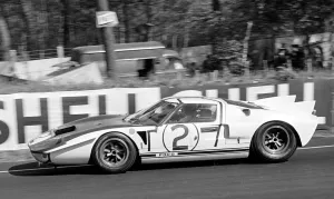 The Ford GT40 driven by Phil Hill and Charis Amon during the Le Mans 24 hour endurance The Ford GT40 driven by Phil Hill and Charis Amon during the Le Mans 24 hour endurance