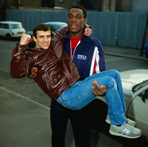 Frank Bruno boxer 1983 lifting and holding Charlie Magri Frank Bruno boxer 1983 lifting and holding Charlie Magri