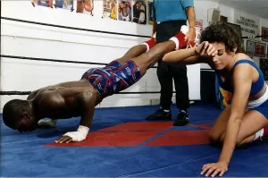 Frank Bruno in training in gym with Emma Isickel Frank Bruno in training in gym with Emma Isickel