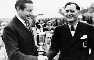 Fred Daly golfer recieving Open Golf Championship trophy claret jug shaking hands Fred Daly golfer recieving Open Golf Championship trophy claret jug shaking hands