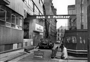 The gantry built to help in the installation of a new press at the rear or Thomson House The gantry built to help in the installation of a new press at the rear or Thomson House