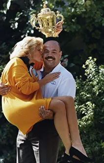 Gareth Chilcott lifting Alison Holloway his co presenter for the Rugby Union World Cup Gareth Chilcott lifting Alison Holloway his co presenter for the Rugby Union World Cup
