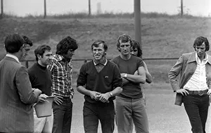 George Best behind Alex Stepney at training ground July 1972 as they watch Pat George Best behind Alex Stepney at training ground July 1972 as they watch Pat