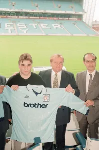 Georgi Kinkladze, Manchester City midfielder, photocall with new shirt sponsor, Brother Georgi Kinkladze, Manchester City midfielder, photocall with new shirt sponsor, Brother