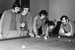 Glasgow Rangers players relaxing playing a game of snooker (L-R) Derek Johnstone Glasgow Rangers players relaxing playing a game of snooker (L-R) Derek Johnstone