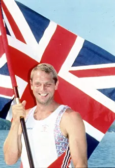 Gold Medalist Oarsman Steve Redgrave with Union Jack flag after winning the coxless pairs Gold Medalist Oarsman Steve Redgrave with Union Jack flag after winning the coxless pairs