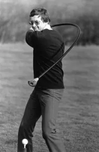 Golf professional Noel Hurt with a 7 foot rubber driver he uses for trick shots Golf professional Noel Hurt with a 7 foot rubber driver he uses for trick shots