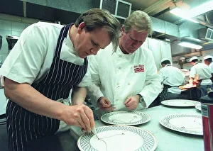 Gordon Ramsay Chef February 1999 with Daily Record reporter Bob Shields in kitchen at Gordon Ramsay Chef February 1999 with Daily Record reporter Bob Shields in kitchen at