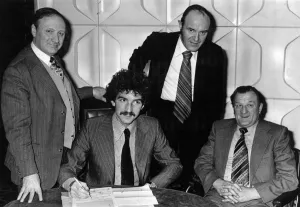 Graeme Souness signs for Liverpool watched by manager Bob Paisley Graeme Souness signs for Liverpool watched by manager Bob Paisley