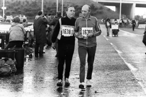 The Great North Run 27 June 1982 - Blind competitor Erling Stordahl helped by Auden The Great North Run 27 June 1982 - Blind competitor Erling Stordahl helped by Auden
