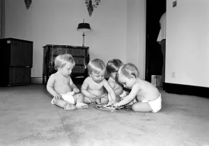 A group of young babies seen here getting into a mess with a chocolate cake at a babies A group of young babies seen here getting into a mess with a chocolate cake at a babies