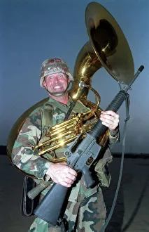Gulf War Operation Desert Storm. American soldier holding machine gun Gulf War Operation Desert Storm. American soldier holding machine gun