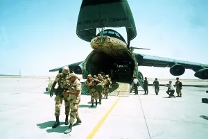 Gulf War US Troops disembark from a USAF Galaxy transport aircraft Gulf War US Troops disembark from a USAF Galaxy transport aircraft