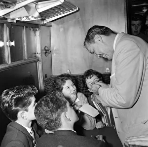 Bill Haley on board the Daily Mirror Rock n Roll Special train to Waterloo Bill Haley on board the Daily Mirror Rock n Roll Special train to Waterloo