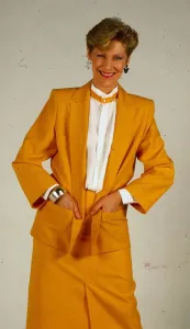Harriet Buchan actress May 1987 wearing yellow jacket skirt suit and white blouse shirt Harriet Buchan actress May 1987 wearing yellow jacket skirt suit and white blouse shirt