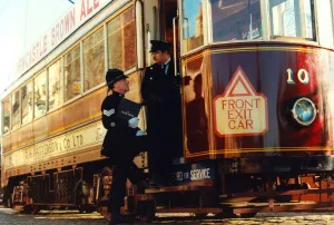 Harry Wynne dressed as a police segeant from 1919 boarding a tram at Beamish Museum Harry Wynne dressed as a police segeant from 1919 boarding a tram at Beamish Museum