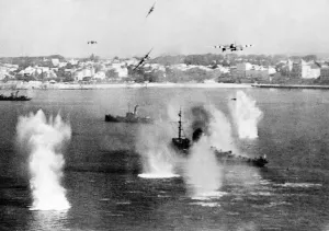 De Havilland Mosquito FB Mark VIs of No. 248 Squadron RAF seen here attacking a German De Havilland Mosquito FB Mark VIs of No. 248 Squadron RAF seen here attacking a German