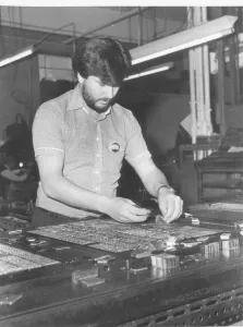 Herald Express compositor using the old hot metal system of printing at the paper' Herald Express compositor using the old hot metal system of printing at the paper'