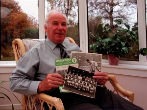 Hibernian football legend Lawrie Reilly at home with mememtoes of his playing career Hibernian football legend Lawrie Reilly at home with mememtoes of his playing career