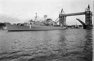 HMS Norfolk County Class Destroyer February 1974 sails under Tower Bridge during a visit HMS Norfolk County Class Destroyer February 1974 sails under Tower Bridge during a visit