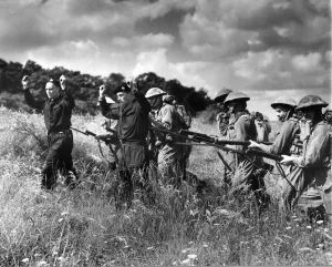 Home Guards are given instructions on how to defeat enemy tanks during training at Home Guards are given instructions on how to defeat enemy tanks during training at