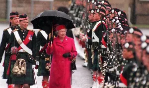 HRH Queen Elizabeth II inspects guard at presentation of colours from Scottish soldiers HRH Queen Elizabeth II inspects guard at presentation of colours from Scottish soldiers
