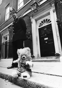 Humphrey teddy bear of Margaret Thatcher outside number ten Downing Street Humphrey teddy bear of Margaret Thatcher outside number ten Downing Street
