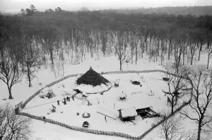 Ice-age Britain. An Iron Age commune set up by the BBC near Shaftesbury, Dorset Ice-age Britain. An Iron Age commune set up by the BBC near Shaftesbury, Dorset