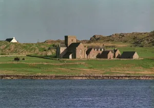 Isle of Iona Abbey view from Mull across sea church Circa 1990s Isle of Iona Abbey view from Mull across sea church Circa 1990s