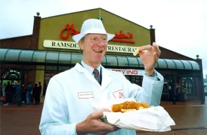 Jack Charlton trys the World's best fish and chips at Gateshead in December 1992 Jack Charlton trys the World's best fish and chips at Gateshead in December 1992