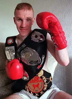 Jan Cree wearing title belts boxing gloves August 1997 Jan Cree wearing title belts boxing gloves August 1997