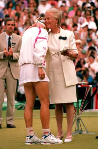 JANA NOVOTNA ON COURT BEING COMFORTED BY THE DUCHESS OF KENT AS SHE IS AWARDED WITH HER JANA NOVOTNA ON COURT BEING COMFORTED BY THE DUCHESS OF KENT AS SHE IS AWARDED WITH HER