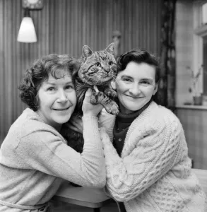Jasper, the cat with two homes, seen here with Mrs. Whittaker (left) and Mrs Jasper, the cat with two homes, seen here with Mrs. Whittaker (left) and Mrs