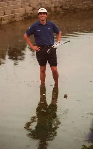 Jean Van de Velde attempts to play from the water on the 18th hole at the 1999 British Jean Van de Velde attempts to play from the water on the 18th hole at the 1999 British