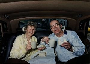 Images Dated 2nd August 1988: Jim Bowen TV Presenter Bullseye sitting in the back of a Rolls Royce with his ife Phyllis