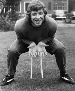 Jimmy Montgomery Sunderland goalkeeper has some fun guarding croquet hoop at Selsdon Park Jimmy Montgomery Sunderland goalkeeper has some fun guarding croquet hoop at Selsdon Park