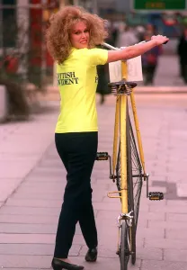 Joanna Lumley about to ride a Penny Farthing Bicycle 1990 at the launch of City Joanna Lumley about to ride a Penny Farthing Bicycle 1990 at the launch of City