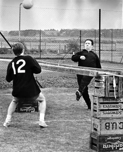 Jock Stein football manager Celtic FC training with Davie Hay kicking ball practice at Jock Stein football manager Celtic FC training with Davie Hay kicking ball practice at