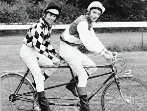 Jockeys Steve Cauthen and Lester Piggott sharing a tandem, June 1979 Jockeys Steve Cauthen and Lester Piggott sharing a tandem, June 1979
