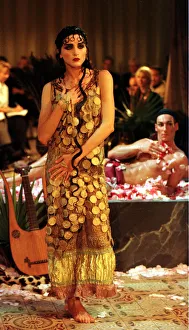 John Galliano fashion show Paris October 1998 Model wearing a patterned Egyptian John Galliano fashion show Paris October 1998 Model wearing a patterned Egyptian